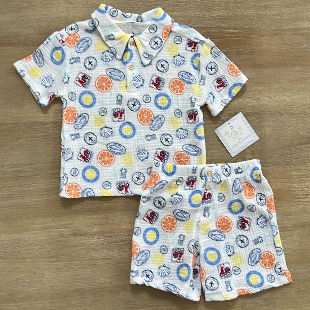 Chickpea Dolce Vita Boy 2 Piece Summer Matching Set Vespa Stamps 2T 4T
